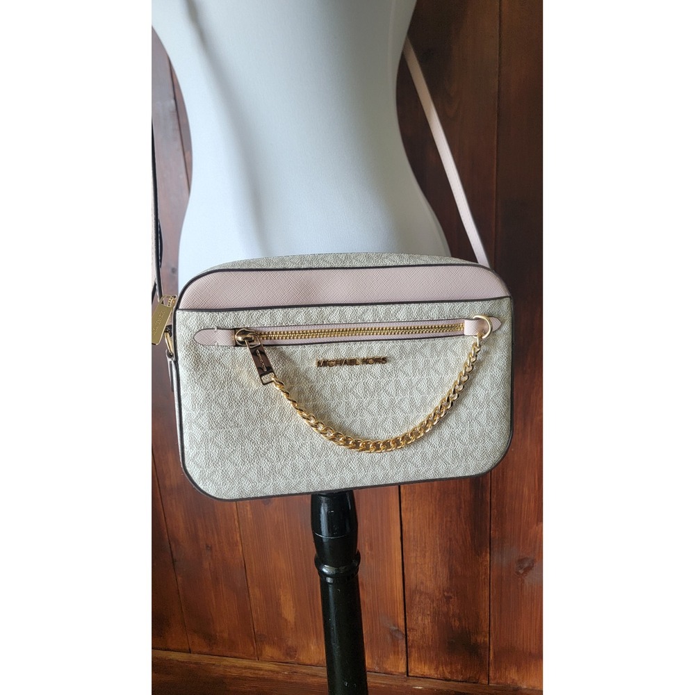 Michael Kors Jet Set Large Zip Chain Crossbody Bag Vanilla Powder Blush Logo
